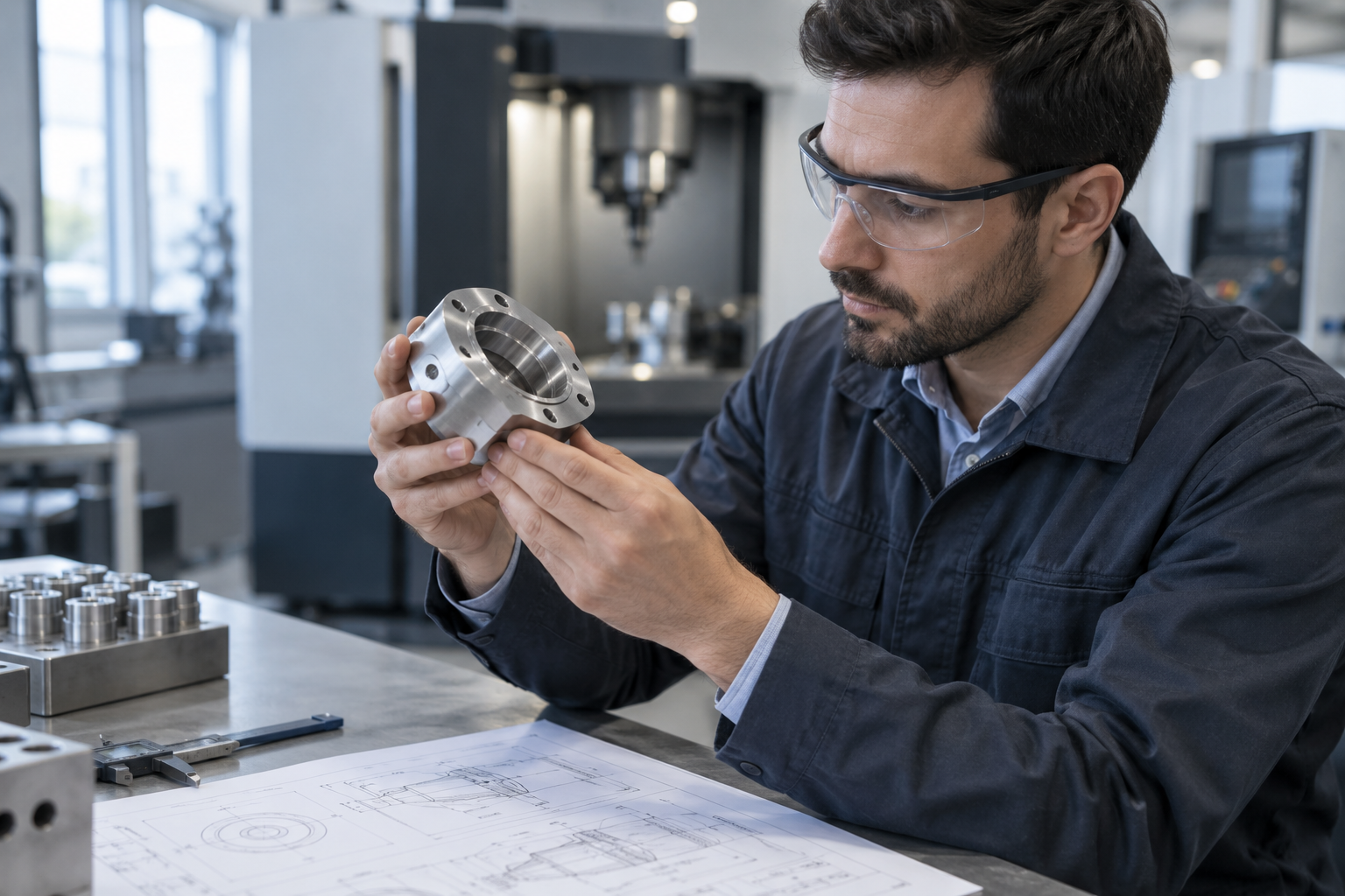 Profesional revisando un componente industrial